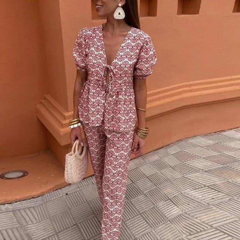 Summer Printed Pleated Women's Pants Suit Hollow Out Suit - Chic Angle